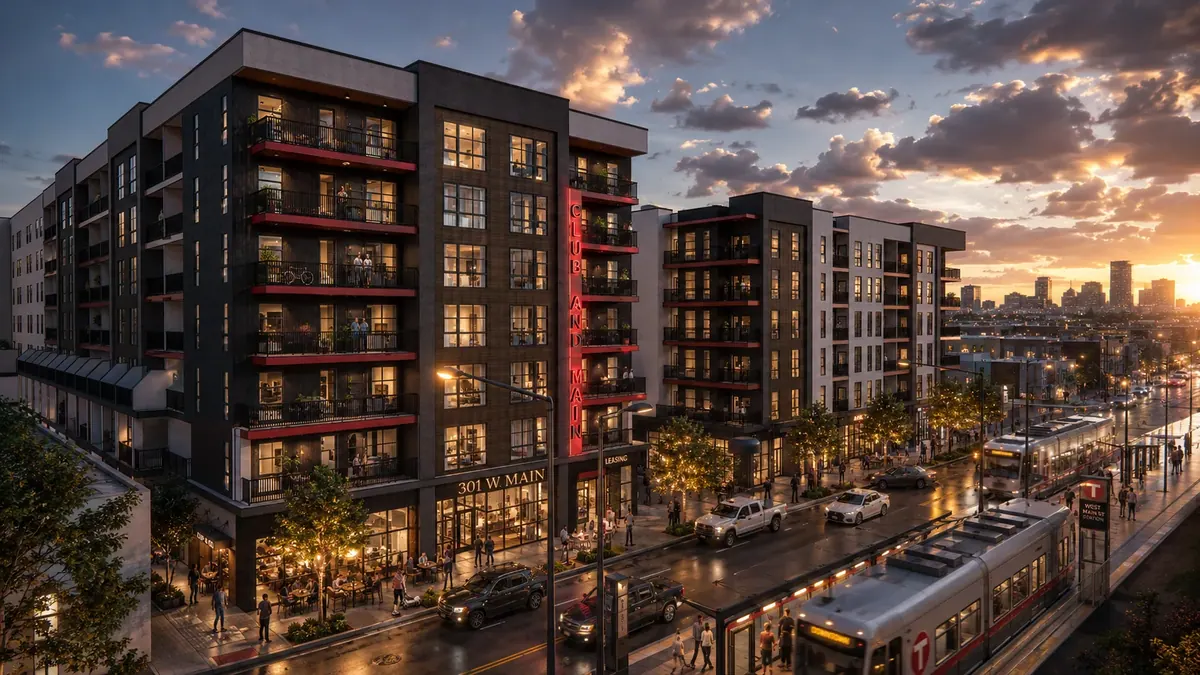 Architectural rendering of Club and Main at dusk with streetscape