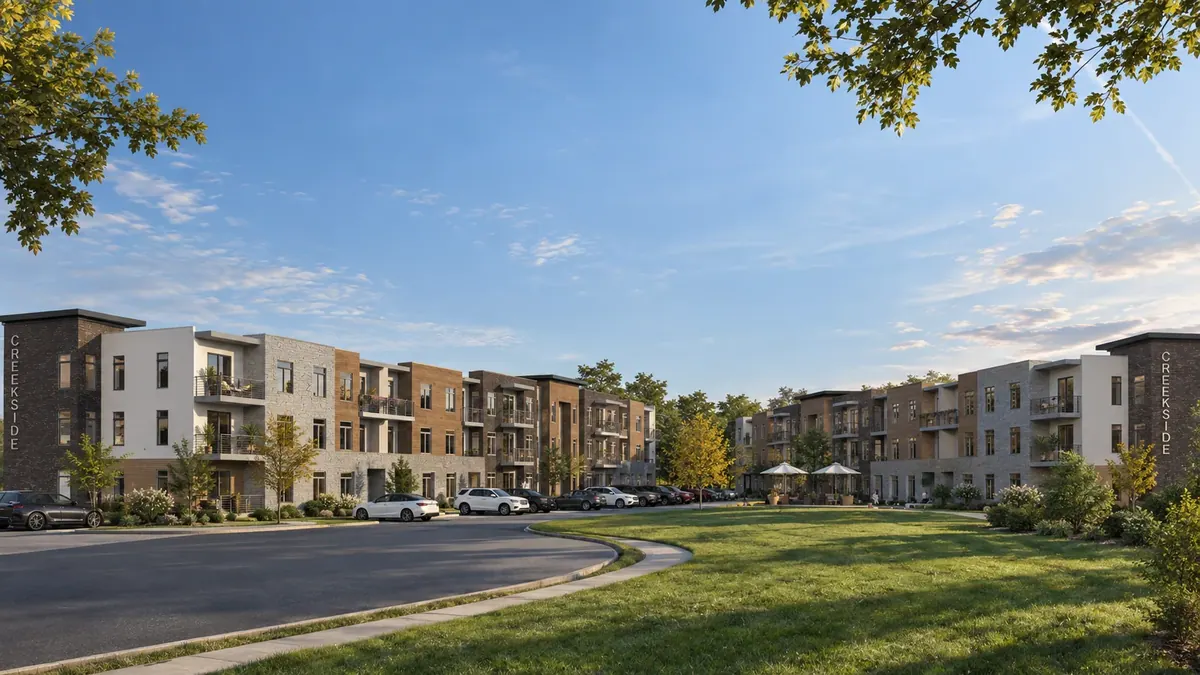 Architectural rendering of Creekside Apartments in Kaysville, Utah, showing two three-story residential buildings, landscaped green space and parking